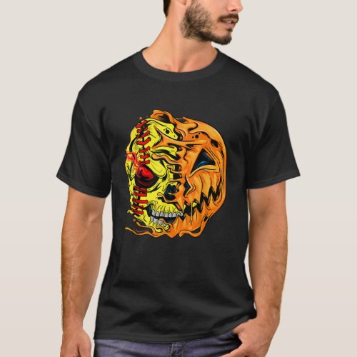 Softball Player Halloween Pumpkin Skeleton Skull K T_Shirt