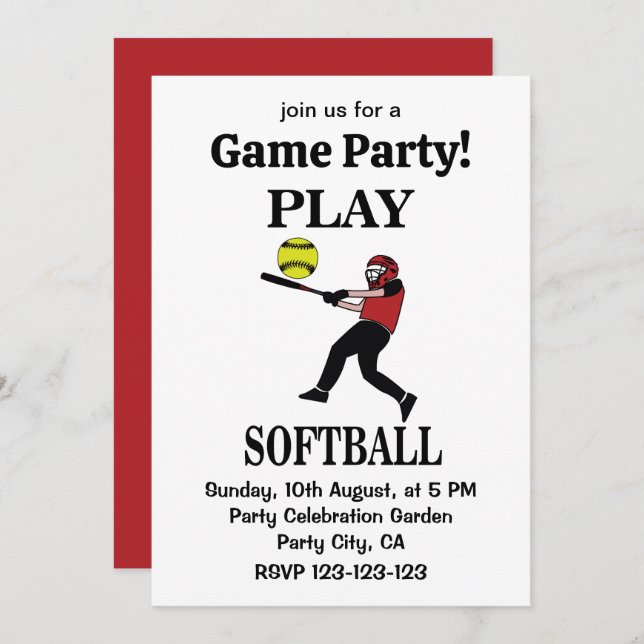 Softball Player Play Softball Invitation (Front/Back)