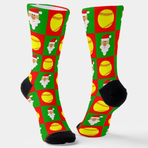 Softball Player Santa Christmas Pattern Holiday Socks