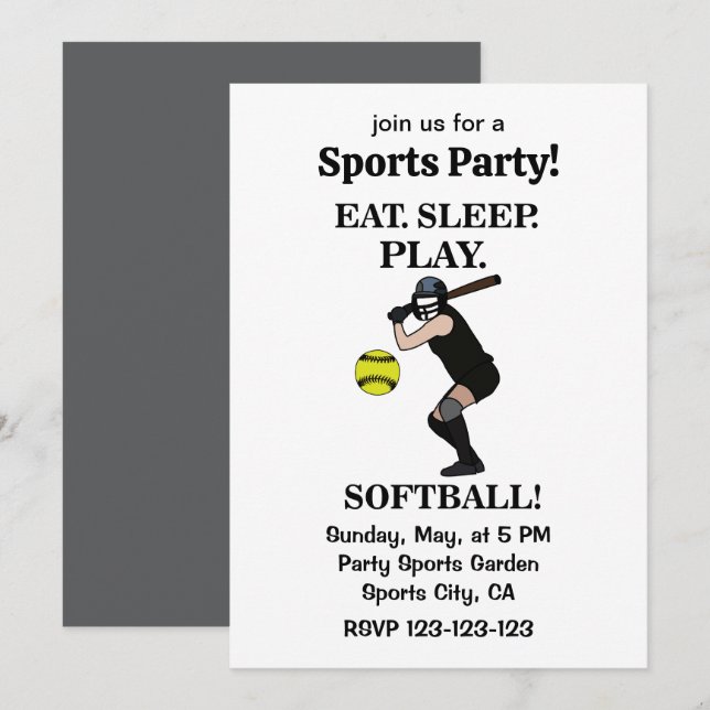 Softball Player Sports Party Invitation (Front/Back)