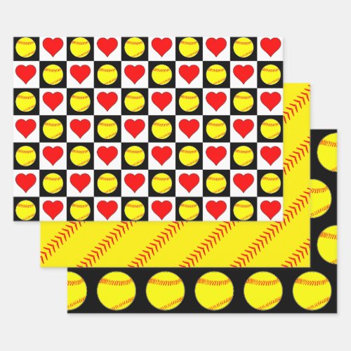Softball Player Team Party Three Matching Gift Wrapping Paper Sheets