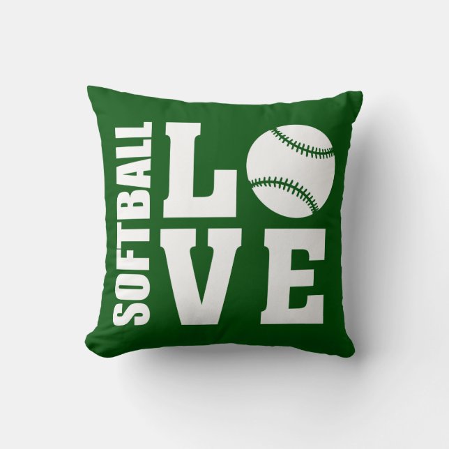 Softball Players, Love Softball, Green Throw Pillow (Front)