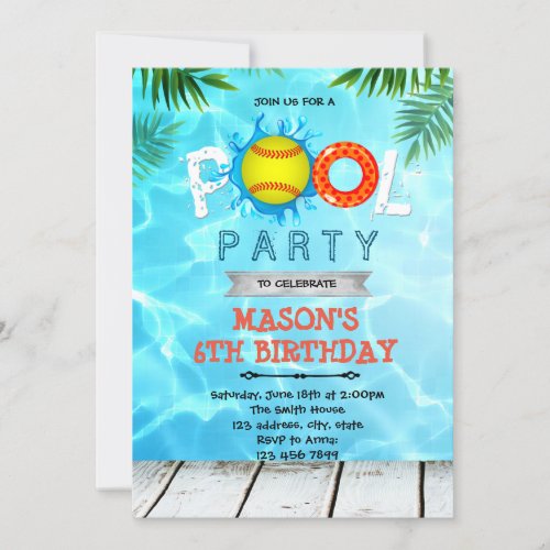 Softball Pool  birthday Party invitation