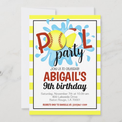 Softball Pool Party Birthday Invitation