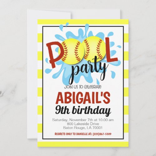Softball Pool Party Birthday Invitation