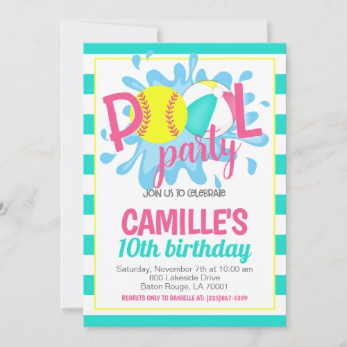 Softball Pool Party Birthday Invitation
