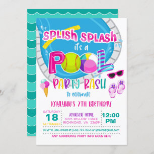 Softball Pool Party Birthday Invitation - Girl