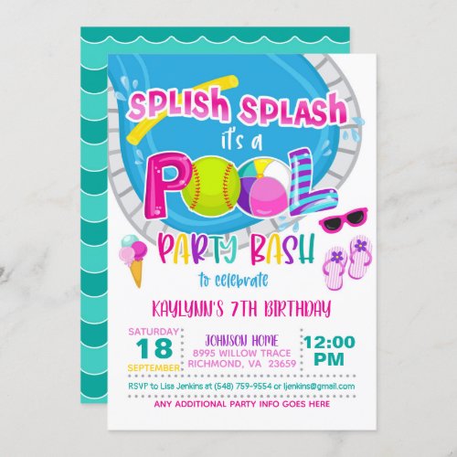 Softball Pool Party Birthday Invitation _ Girl