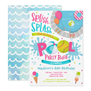 Softball Pool Party Splish Splash Pool Birthday Invitation