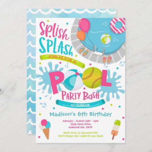 Softball Pool Party Splish Splash Pool Birthday Invitation