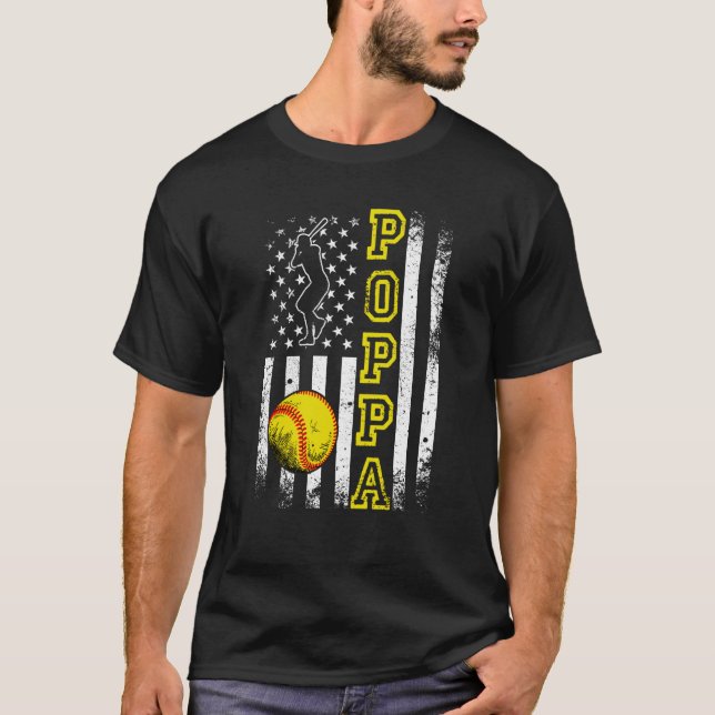 Softball Poppa American Flag Vintage Softball T-Shirt (Front)