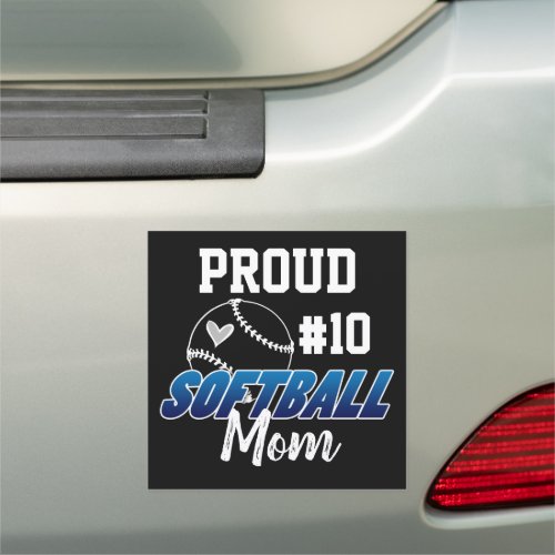 Softball Proud Mom with Player Number Blue Car Magnet