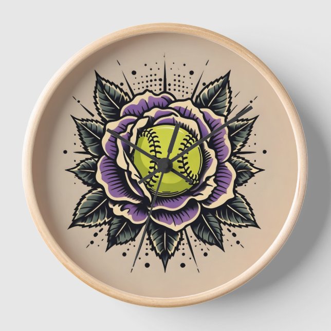 Softball Purple Flower Wall Clock (Front)