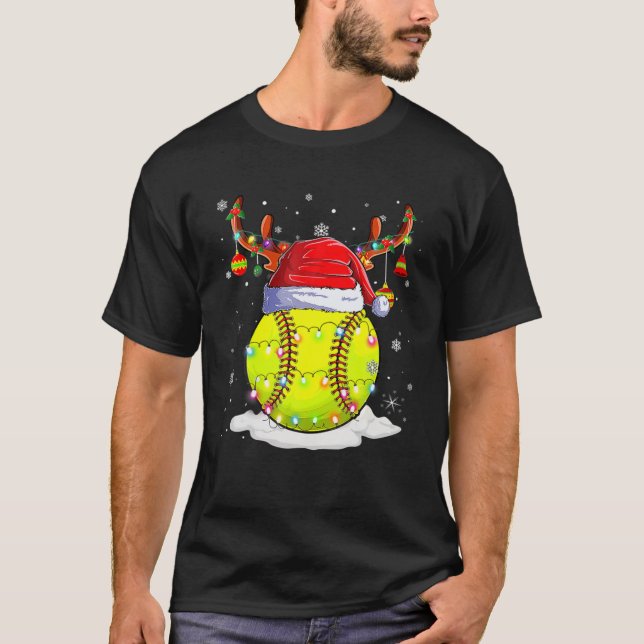 Softball Santa Hat Reindeer Christmas Lights Funny T-Shirt (Front)