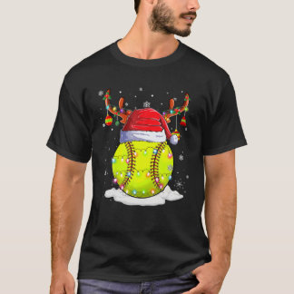 Softball Santa Hat Reindeer Christmas Lights Funny T-Shirt