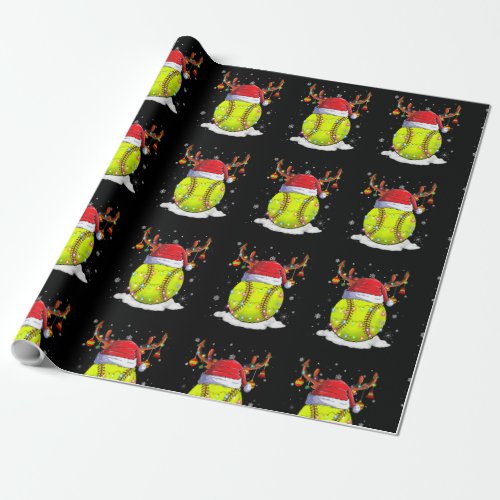 Softball Santa Hat Reindeer Christmas Lights Funny Wrapping Paper