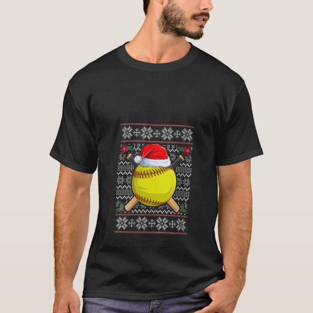 Softball Santa Hat Ugly Christmas Funny Sport Love T-Shirt (Front)
