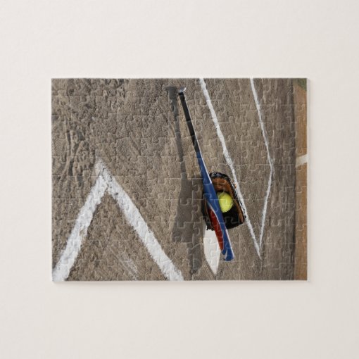 Softball, softball glove and bat at home plate jigsaw puzzle Zazzle