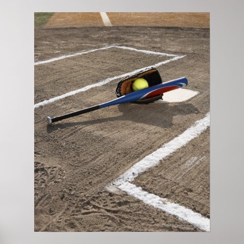Softball softball glove and bat at home plate poster