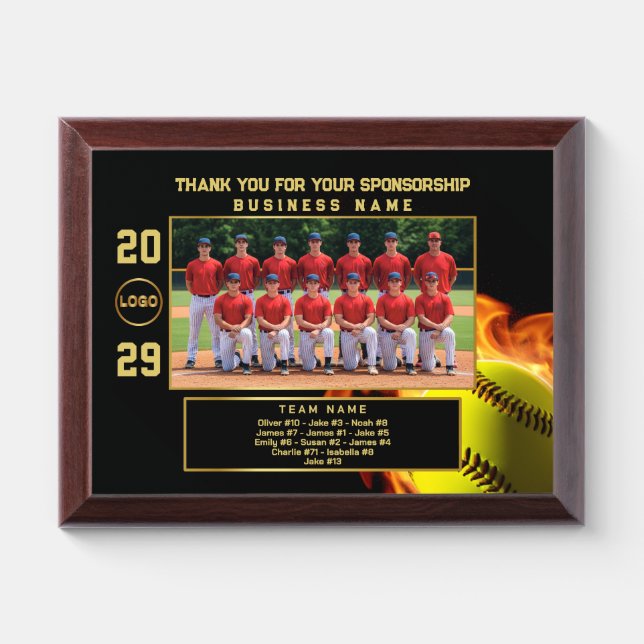 Softball Sponsor Gift – Custom Team Photo & Text Award Plaque (Horizontal)