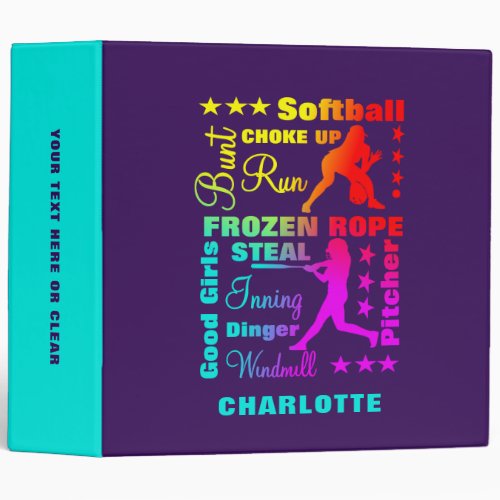 Softball Sports Terms Rainbow Cool Typography  3 Ring Binder