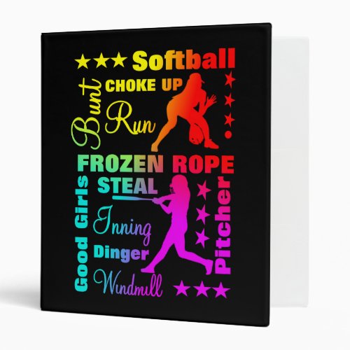 Softball Sports Terms Rainbow Cool Typography 3 Ring Binder
