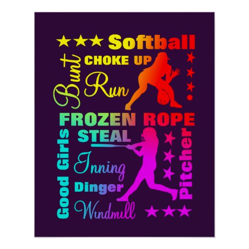 Softball Sports Terms Rainbow Cool Typography Poster