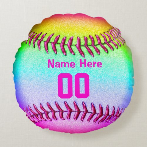 Softball Team Gifts with Her Name and Number Round Pillow