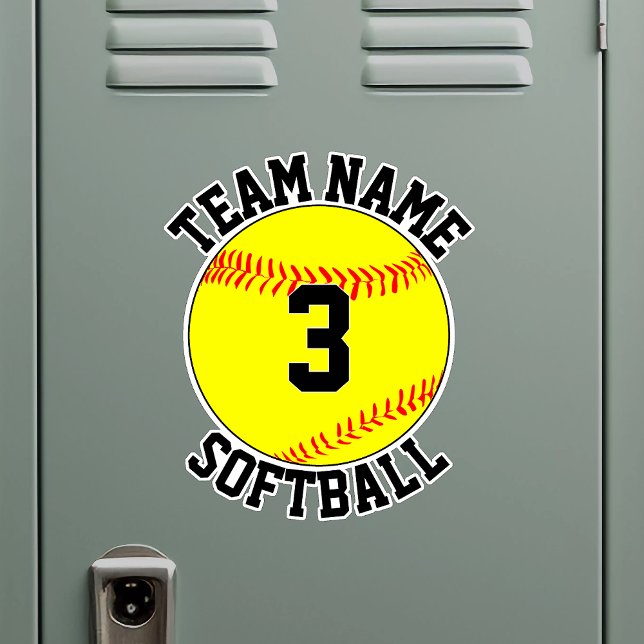 Softball Team Name and Player Number Custom Sports Sticker (Custom softball sticker with custom team name and player number on a metal locker)