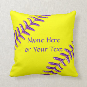 Softball Throw Pillows, Purple Stitches, YOUR TEXT Pillow