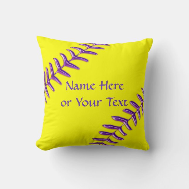 Softball Throw Pillows, Purple Stitches, YOUR TEXT Throw Pillow (Front)