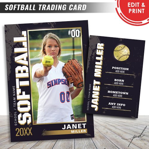 Softball Trading Card Gold Baseball Player Card