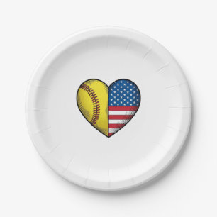 Softball USA Flag Heart Vintage Vector Design_1 Paper Plates