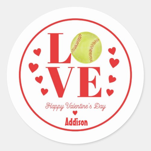 Softball Valentine Sticker LOVE Softball Classic Round Sticker