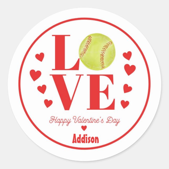 Softball Valentine Sticker, LOVE Softball Classic Round Sticker (Front)