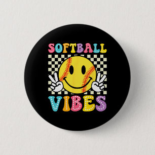 Softball Vibes Softball Retro Groovy Game Day Girl Button