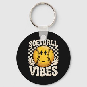 Softball Vibes Softball Retro Groovy Game Day Girl Keychain