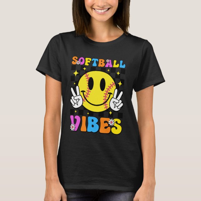 Softball Vibes Softball Retro Groovy Game Day Girl T-Shirt (Front)