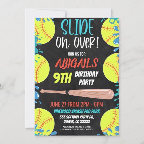 Softball Waterslide Birthday Party Invitation