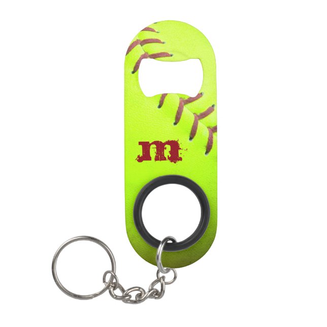 Softball Yellow Mini Bottle Opener With Keychain (Front)
