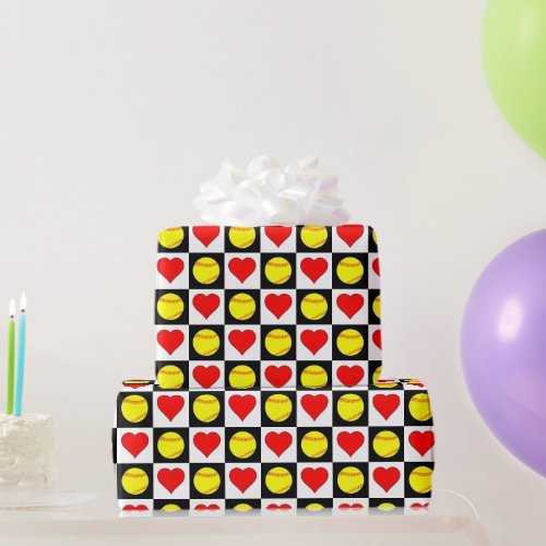 Softballs and Hearts Fastpitch Softball Player Wrapping Paper