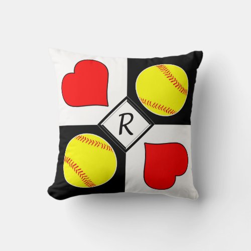 Softballs  Hearts Black  White Checker Monogram Throw Pillow
