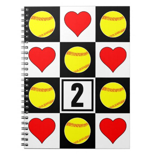 Softballs  Hearts Custom Player Jersey Number Notebook