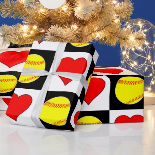 Softballs  Hearts Cute Checker Pattern Fastpitch Wrapping Paper