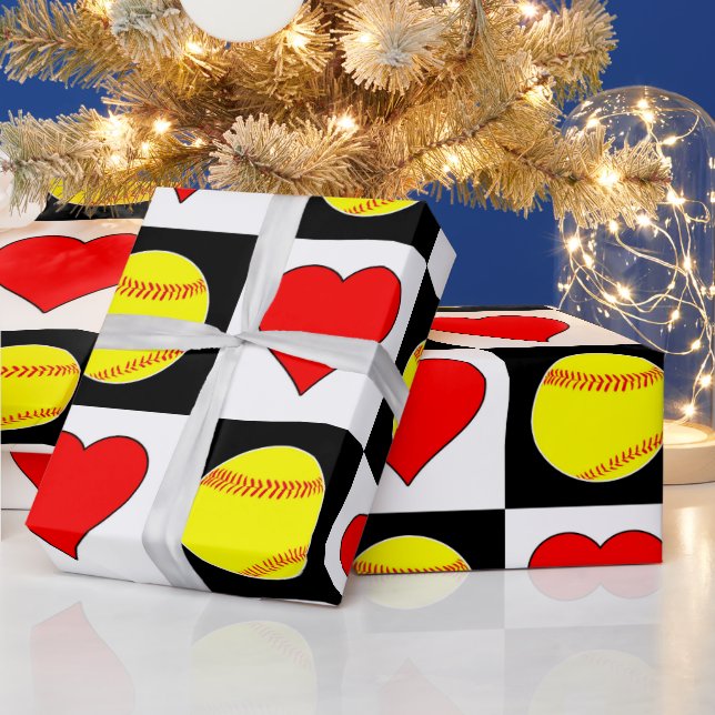Softballs & Hearts Cute Checker Pattern Fastpitch Wrapping Paper (Holidays)