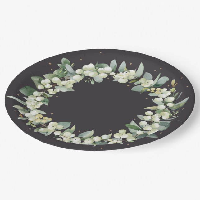 SoftBlack Snowberry Christmas Wreath Holiday Party Paper Plates (Angled)