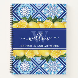 Softcover Lemon Blue Tile Monogram Sketchbook Notebook