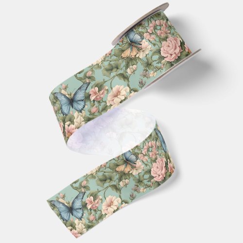 Softest Pink Blue Floral & Butterfly Satin Ribbon