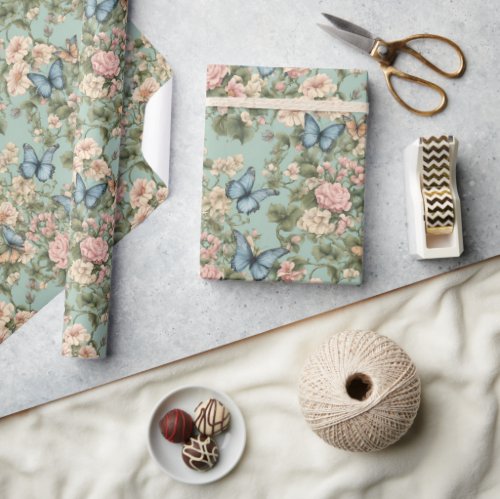 Softest Pink Blue Floral & Butterfly Wrapping Paper