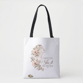 Softly She Blooms Watercolor Floral Woman Tote Bag